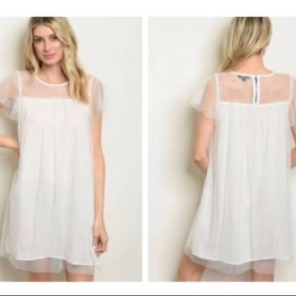 NWT Very J Dress Small White Embellished Mesh Babydoll Mini Short Sleeve A-Line - Picture 4 of 10